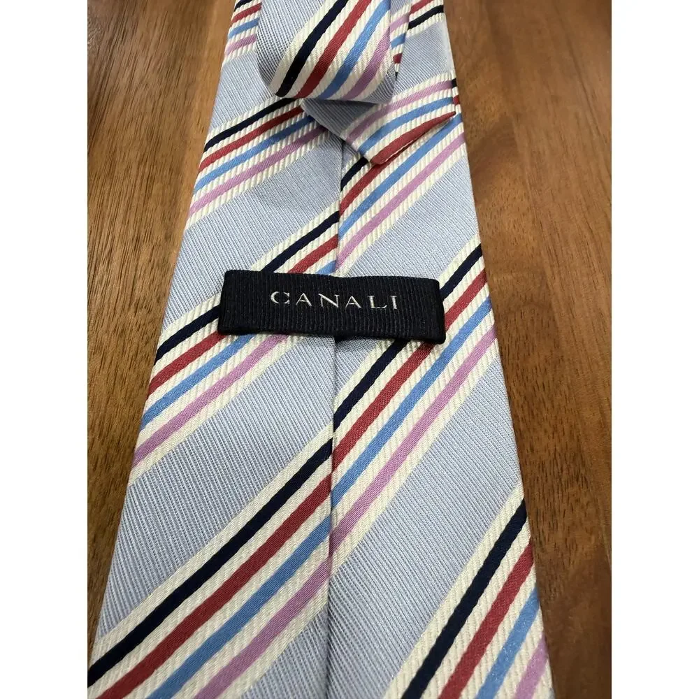 Canali Light Blue Striped Silk Tie with Navy, Pink and Burgundy Accents
